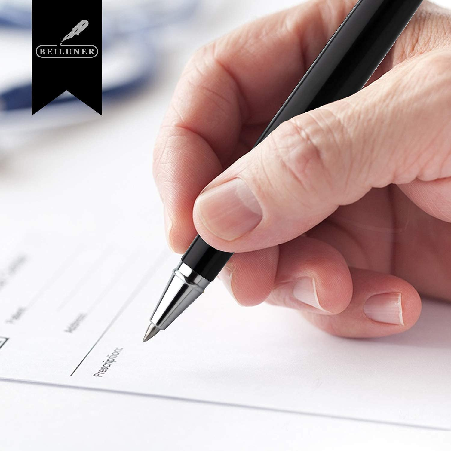 BEILUNER Ballpoint Pens, Stunning Black Chrome Ballpoint Pen with Silver Trim, Best Ball Pen