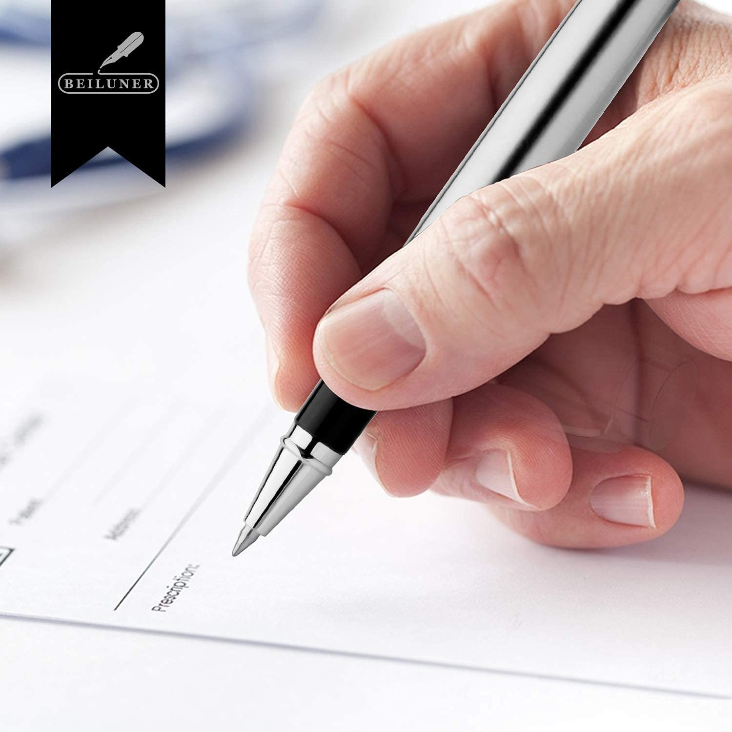 BEILUNER Ballpoint Pens, Stainless Steel with Chrome Trim, Silver