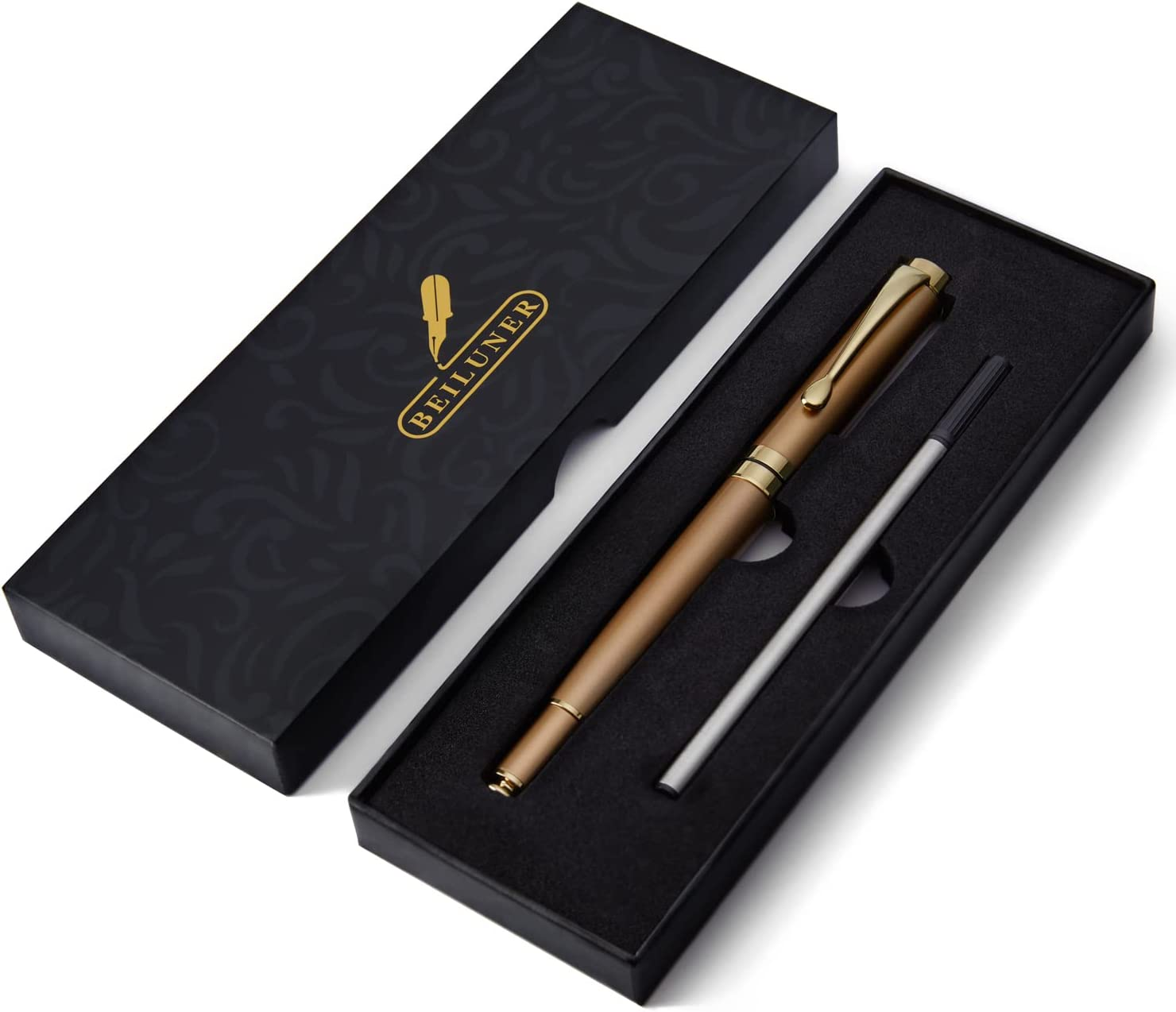 BEILUNER Ballpoint Pens, Stainless Steel with Chrome Trim, Luxury Golden Metal Pen Set, Best Ball Pen Gift Set for Men & Women, Professional, Executive, Office, Fancy Pens-Nice Box with Extra Refill