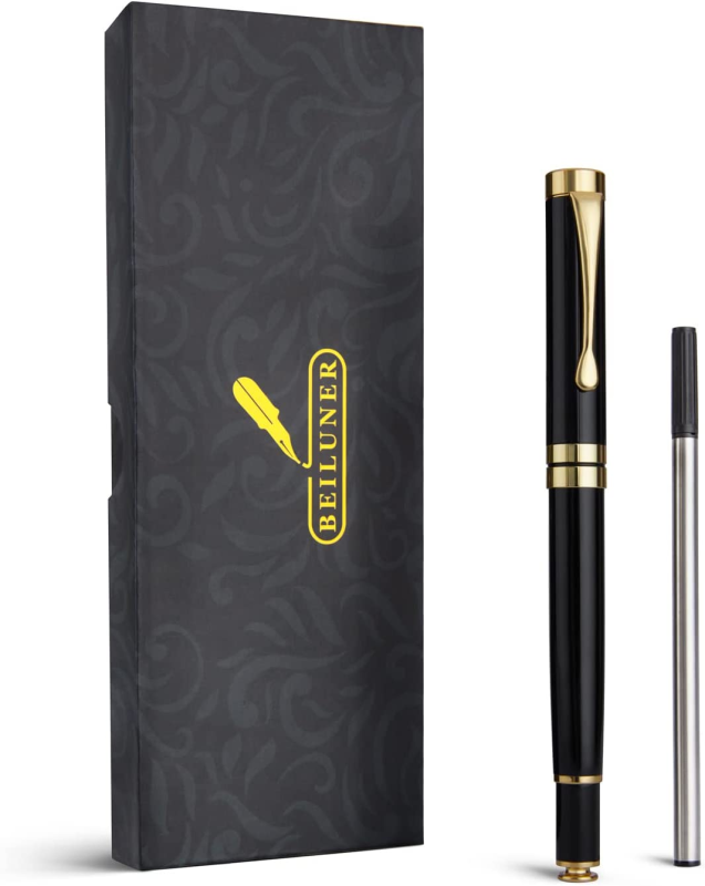 BEILUNER Ballpoint Pens, Stunning Black Chrome Metal Pen with Golden Trim, Best Ball Pen Gift Set for Men & Women, Professional, Executive, Office, Nice Pens-Gift Box with 0.5mm Black Extra Refill