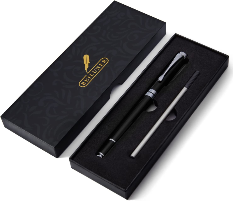 BEILUNER Ballpoint Pens, Stunning Black Chrome Ballpoint Pen with Silver Trim, Best Ball Pen Gift Set for Men & Women, Professional, Executive, Office, Fancy Pen-Gift Box With 0.5mm Extra Black Refill