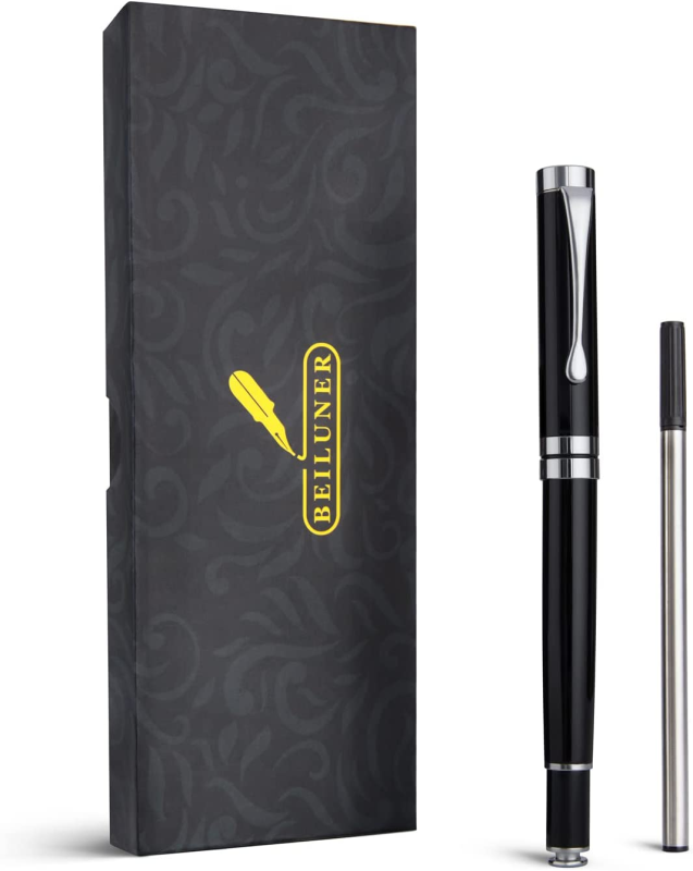 BEILUNER Ballpoint Pens, Stunning Black Chrome Ballpoint Pen with Silver Trim, Best Ball Pen Gift Set for Men & Women, Professional, Executive, Office, Fancy Pen-Gift Box With 0.5mm Extra Black Refill