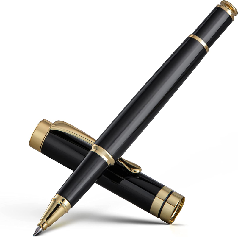 BEILUNER Ballpoint Pens, Stunning Black Chrome Metal Pen with Golden Trim, Best Ball Pen Gift Set for Men & Women, Professional, Executive, Office, Nice Pens-Gift Box with 0.5mm Black Extra Refill