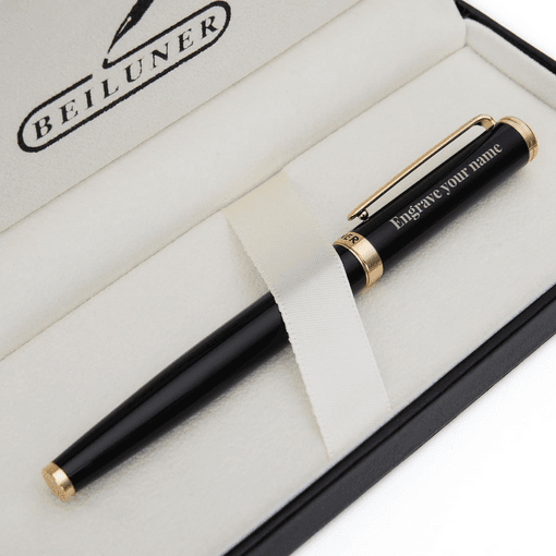 BEILUNER Black Personalized Fountain Pen,Stunning Luxury Pen,24K Gilded Nib(Medium)