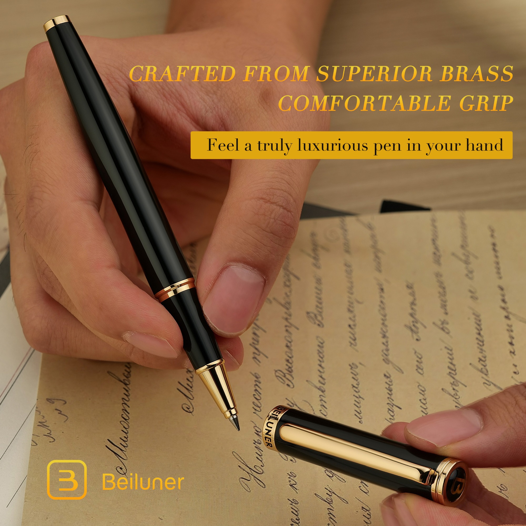 BEILUNER BL-G01 Luxury Rollerball Pen – 24K Gold Trim, Elegant & Refined Design with Premium Schneider Refill – Ideal Executive Gift for Men & Women, Professional Office & Business Writing