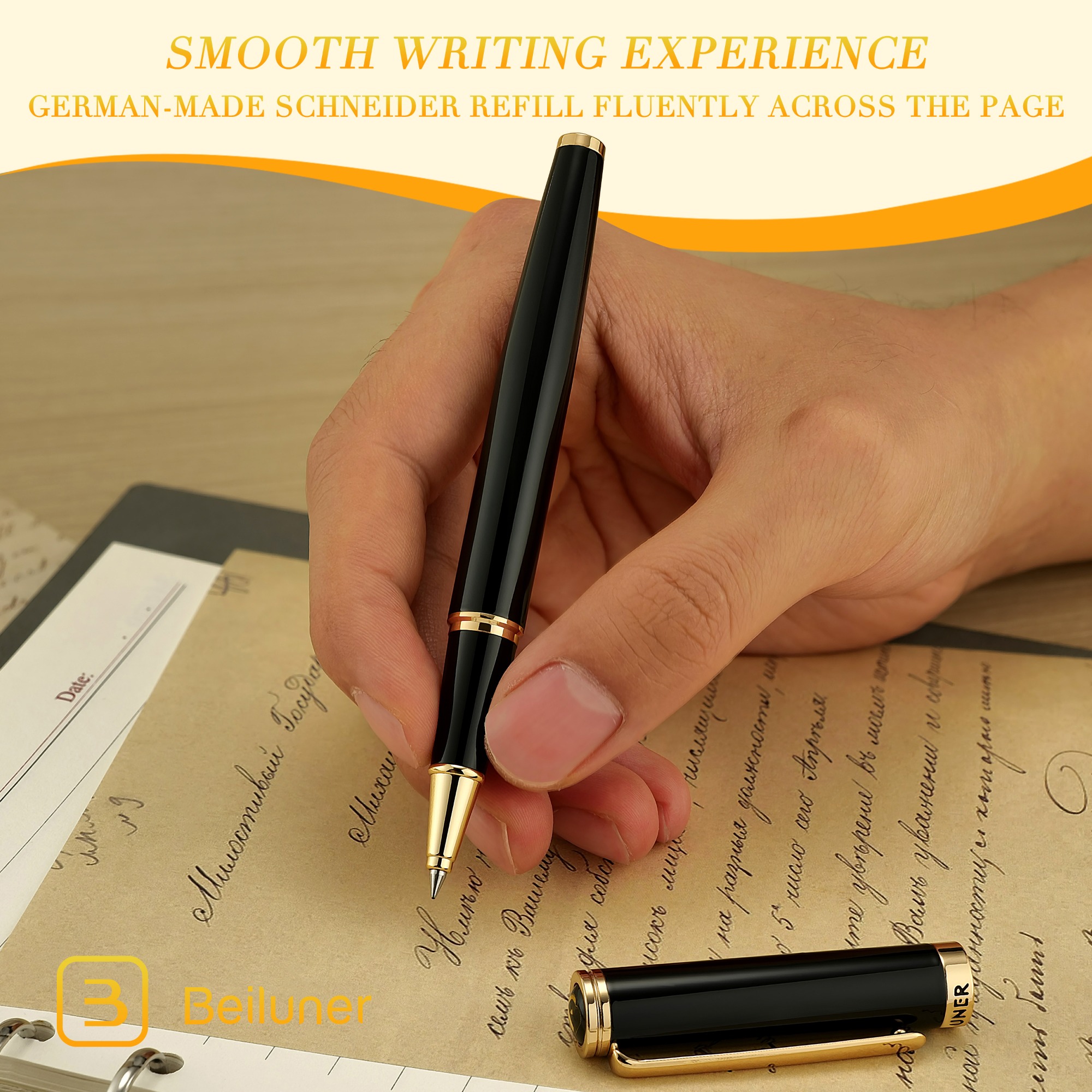 BEILUNER BL-G01 Luxury Rollerball Pen – 24K Gold Trim, Elegant & Refined Design with Premium Schneider Refill – Ideal Executive Gift for Men & Women, Professional Office & Business Writing