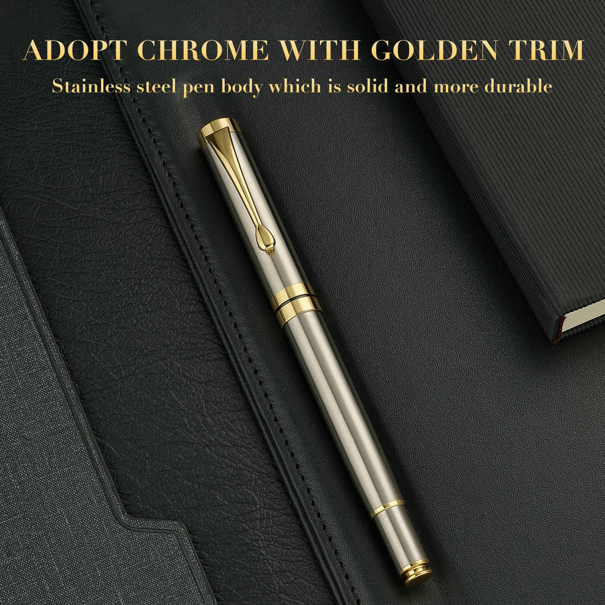 BEILUNER Ballpoint Pens, Stunning Silver Chrome Metal Pen with Golden Trim, Best Ball Pen Gift Set for Men & Women, Professional, Executive, Office, Nice Pens-Gift Box with 0.5mm Extra Black Refill