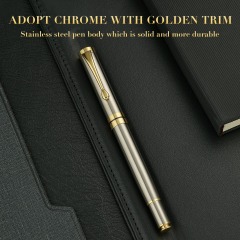 BEILUNER Ballpoint Pens, Stunning Silver Chrome Metal Pen with Golden Trim, Best Ball Pen Gift Set for Men & Women, Professional, Executive, Office, Nice Pens-Gift Box with 0.5mm Extra Black Refill
