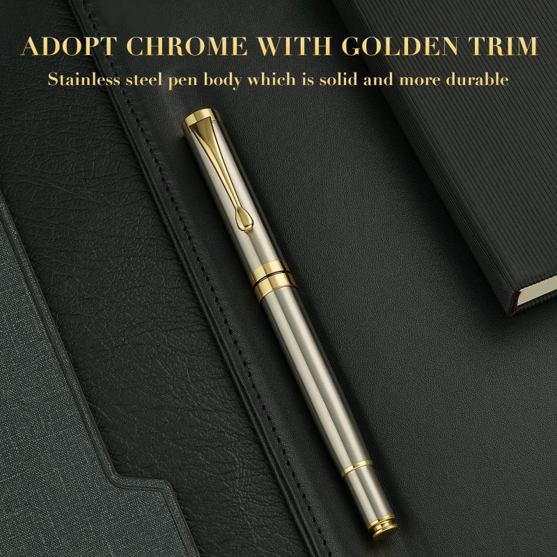 BEILUNER Ballpoint Pens, Stunning Silver Chrome Metal Pen with Golden Trim, Best Ball Pen Gift Set for Men & Women, Professional, Executive, Office, Nice Pens-Gift Box with 0.5mm Extra Black Refill