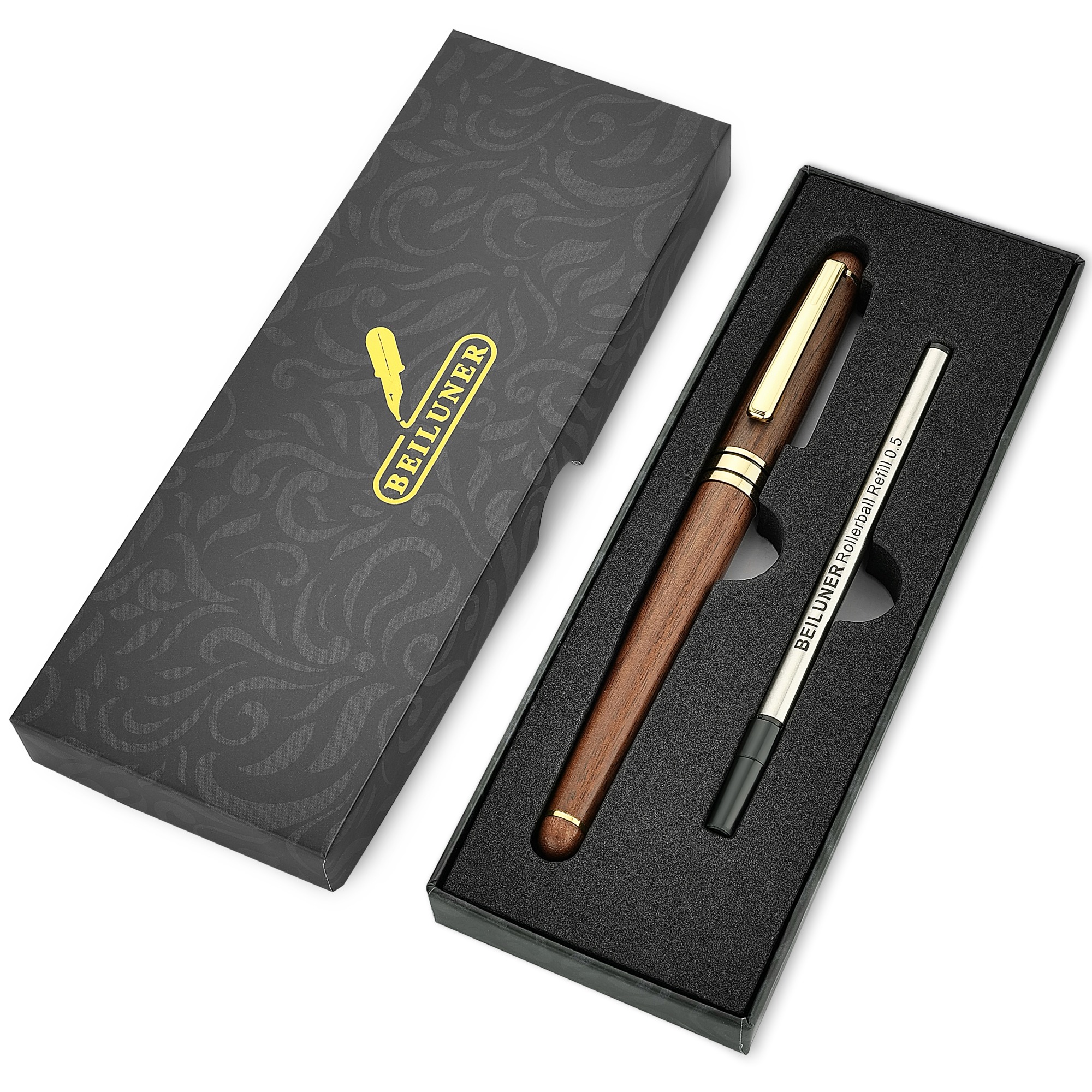 BEILUNER Luxury Wood Ballpoint Pen Writing Set,Walnut-Elegant Fancy Nice Gift Pen Set for Signature Executive Premium Office Fancy Nice Supplies - Gift Boxed with Extra Refills (Black)