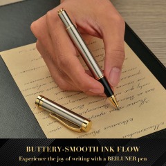 BEILUNER Ballpoint Pens, Stunning Silver Chrome Metal Pen with Golden Trim, Best Ball Pen Gift Set for Men & Women, Professional, Executive, Office, Nice Pens-Gift Box with 0.5mm Extra Black Refill