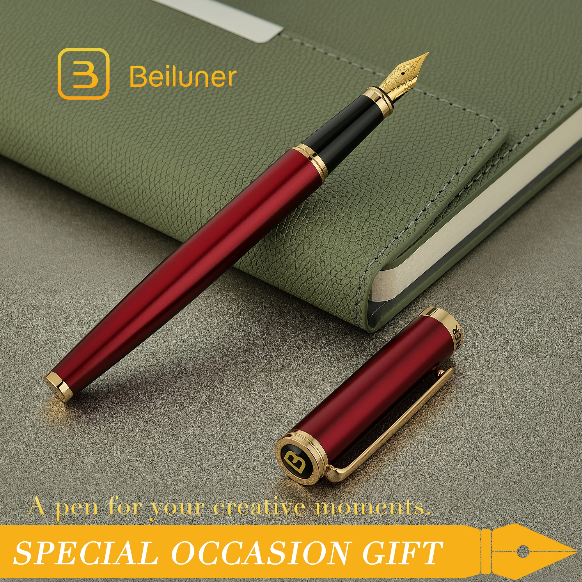 BEILUNER Red Fountain Pen,Stunning Luxury Pens with 24K Gold Finish, Gorgeous 24K Gilded Nib(Medium), Fancy Pen Gift for Men&Women -Ink Converter-Elegant,Professional,Office,Nice Pen for Writing