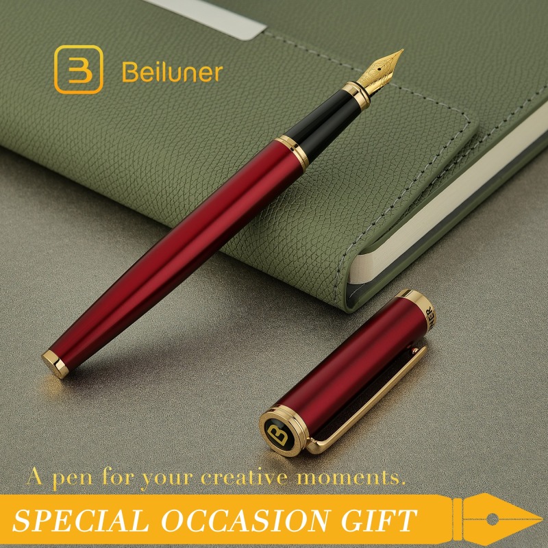 BEILUNER Red Fountain Pen,Stunning Luxury Pens with 24K Gold Finish, Gorgeous 24K Gilded Nib(Medium), Fancy Pen Gift for Men&Women -Ink Converter-Elegant,Professional,Office,Nice Pen for Writing