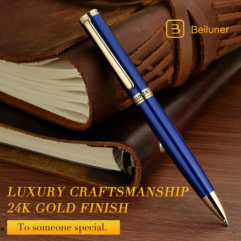BEILUNER Blue Lacquer Gel Pen - Stunning Luxury Pen with 24K Gold Finish, ADMOK Black Refill, Executive Gift Set for Family & Friends, Writing, Fancy, Office, Retractable Pens