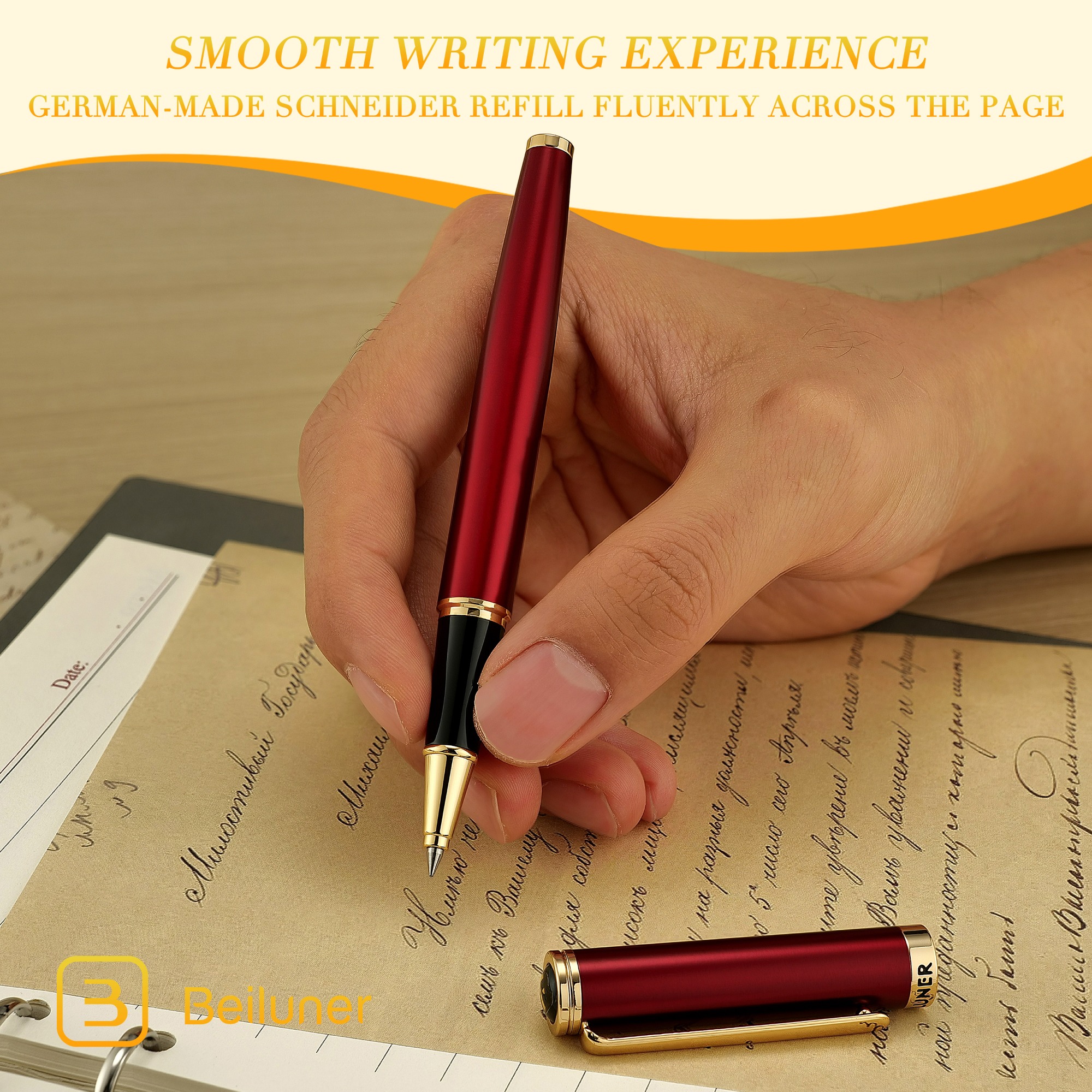 BEILUNER Luxury Rollerball Pen,24K Gold Trim,Noble and Elegant Designs,Schneider Ink Refill, Best Roller Ball Pen Gift Set for Men & Women, Professional, Executive Office, Nice Pens BL-G02