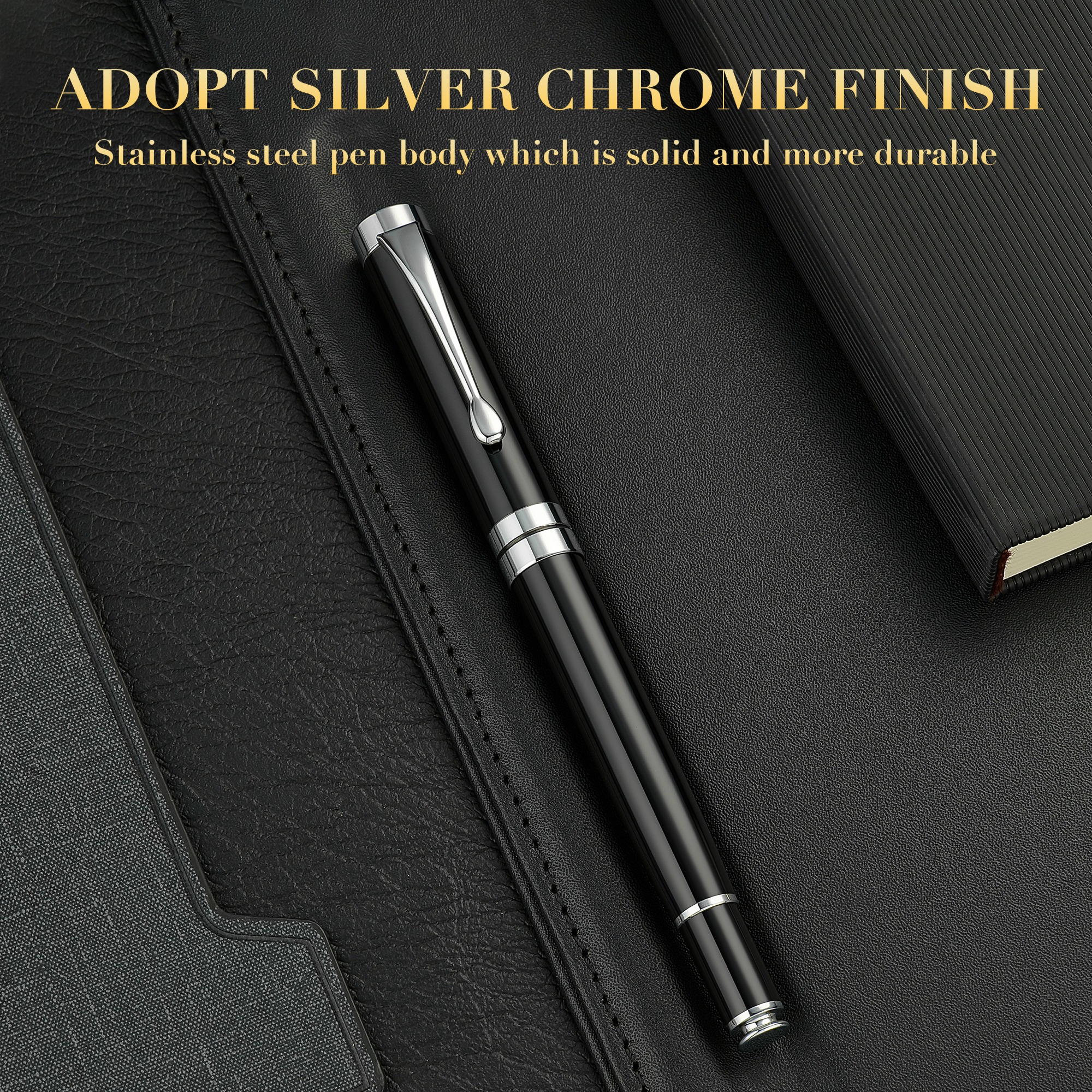 BEILUNER Ballpoint Pens, Stunning Black Chrome Ballpoint Pen with Silver Trim, Best Ball Pen Gift Set for Men & Women, Professional, Executive, Office, Fancy Pen-Gift Box With 0.5mm Extra Black Refill