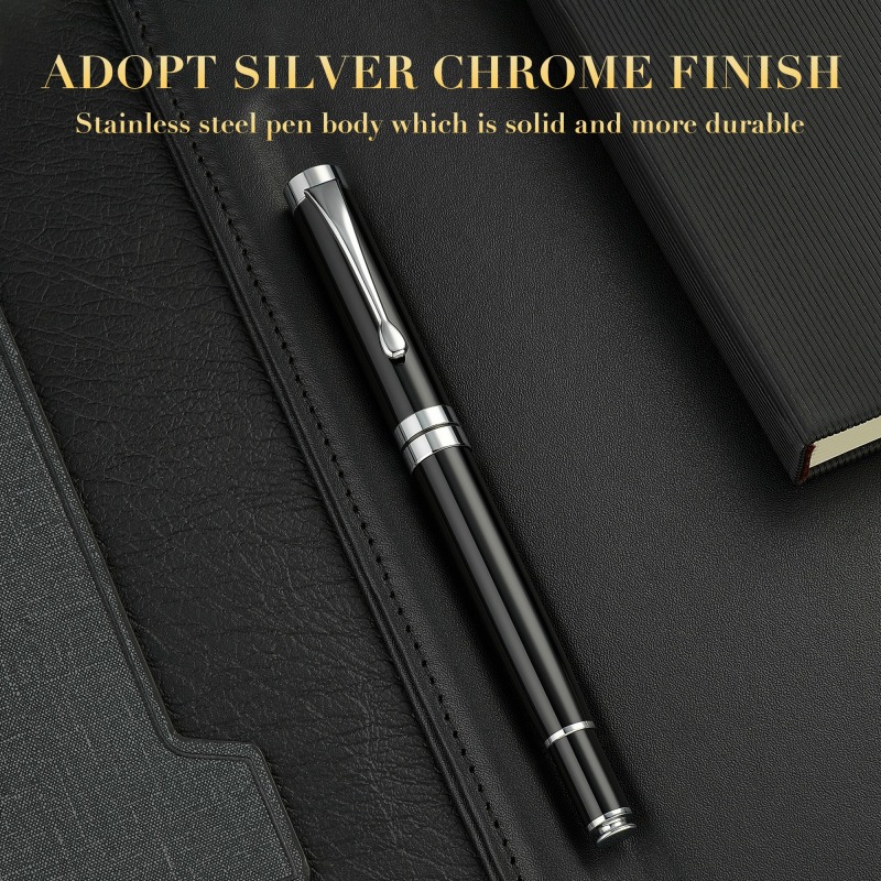 BEILUNER Ballpoint Pens, Stunning Black Chrome Ballpoint Pen with Silver Trim, Best Ball Pen Gift Set for Men & Women, Professional, Executive, Office, Fancy Pen-Gift Box With 0.5mm Extra Black Refill