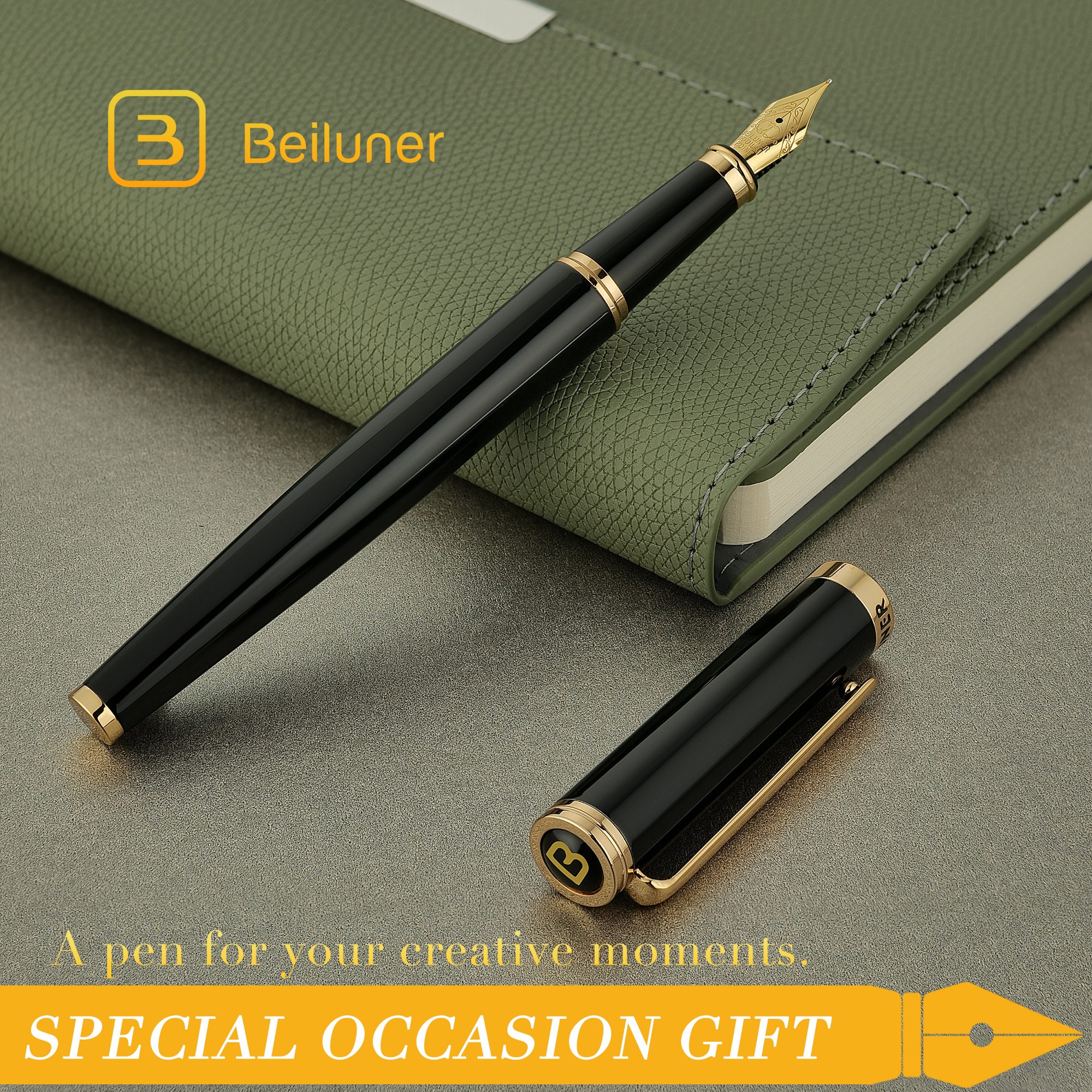 BEILUNER Black Fountain Pen,Stunning Luxury Pens with 24K Gold Accents, Gorgeous 24K Gilded Nib(Fine), Trustworthy Pen Gift for Men&Women -Ink Converter-Elegant, Reliable,Fancy Pen for Writing