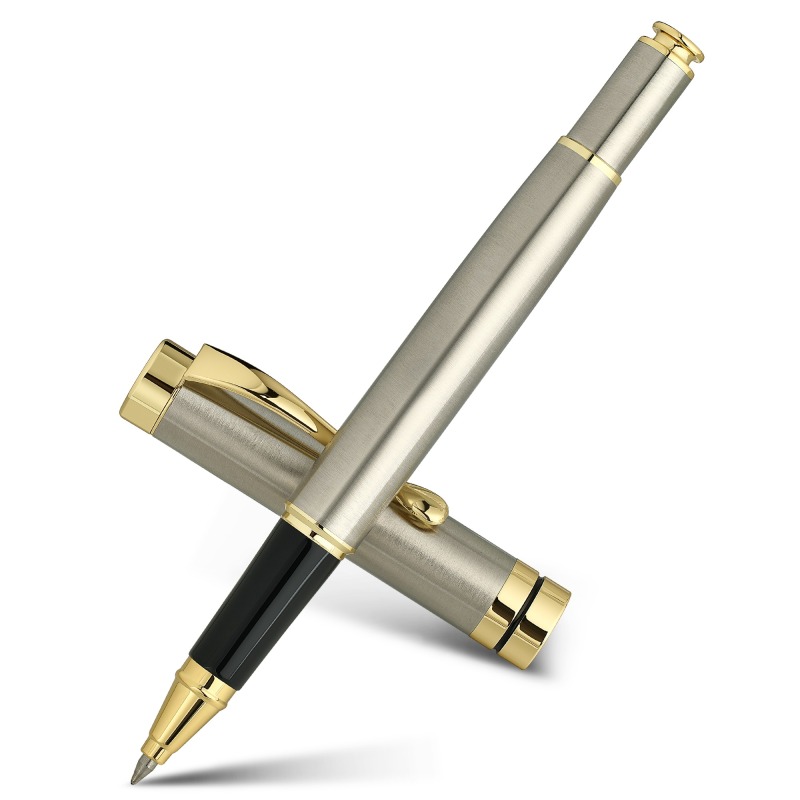 BEILUNER Ballpoint Pens, Stunning Silver Chrome Metal Pen with Golden Trim, Best Ball Pen Gift Set for Men & Women, Professional, Executive, Office, Nice Pens-Gift Box with 0.5mm Extra Black Refill