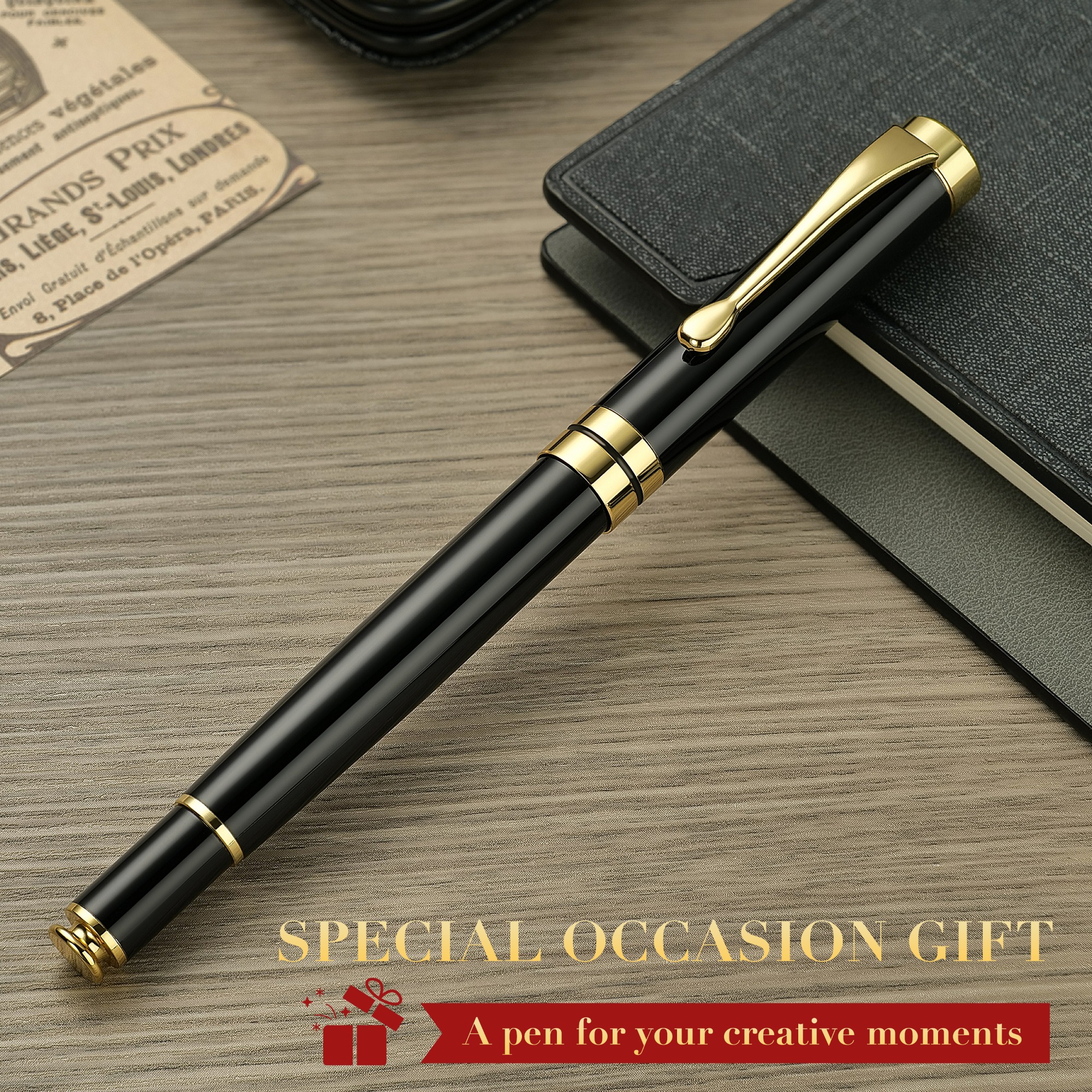 BEILUNER Ballpoint Pens, Stunning Black Chrome Metal Pen with Golden Trim, Best Ball Pen Gift Set for Men & Women, Professional, Executive, Office, Nice Pens-Gift Box with 0.5mm Black Extra Refill