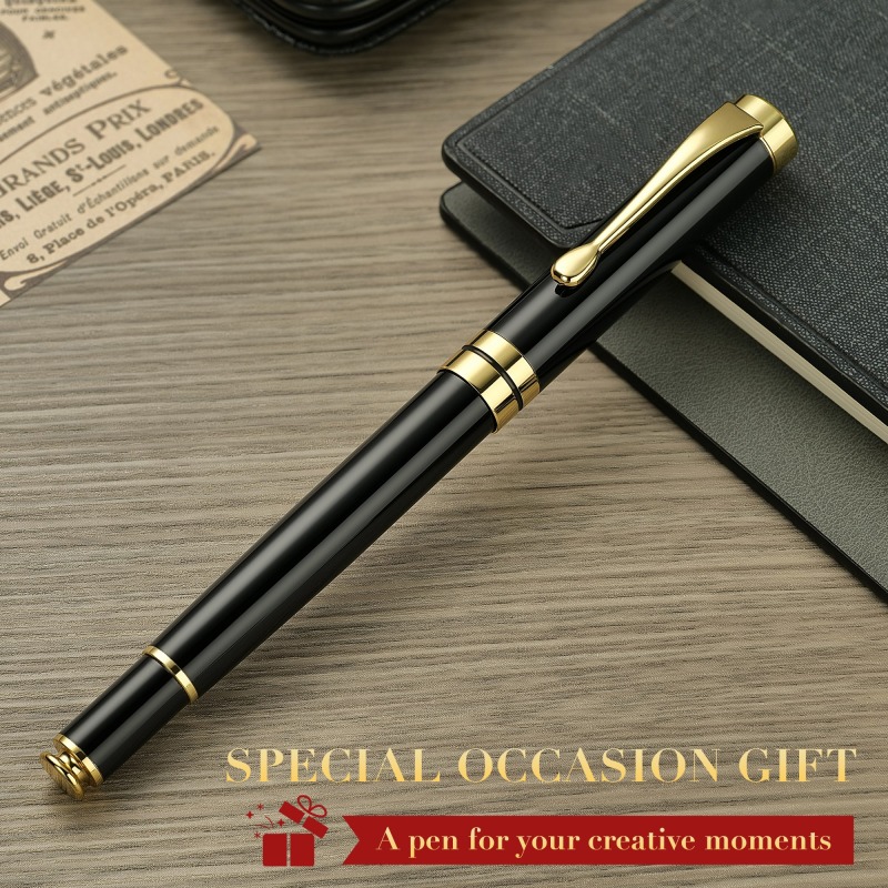 BEILUNER Ballpoint Pens, Stunning Black Chrome Metal Pen with Golden Trim, Best Ball Pen Gift Set for Men & Women, Professional, Executive, Office, Nice Pens-Gift Box with 0.5mm Black Extra Refill