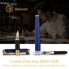 BEILUNER Blue Fountain Pen,Stunning Luxury Pens with 24K Gold Finish, Gorgeous 24K Gilded Nib(Fine), Trustworthy Pen Gift for Men&Women -Ink Converter-Elegant, Graduation,Nice Pen for Writing