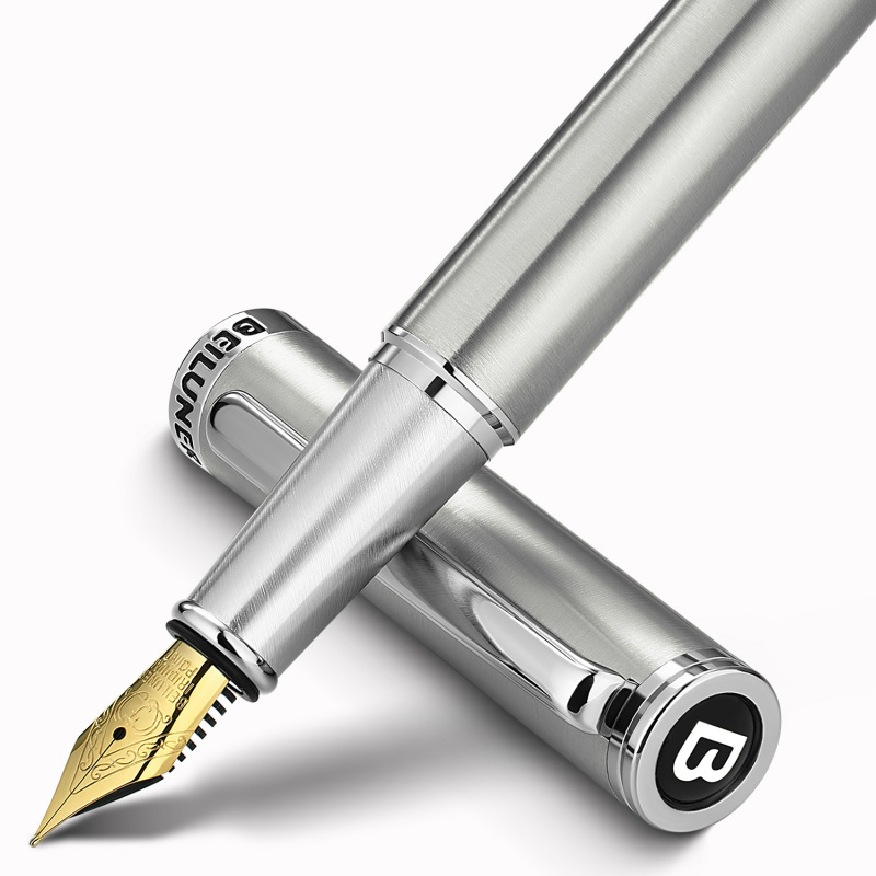 BEILUNER Luxury Fountain Pen Set, Solid 24K Gilded Fine Nib, Silver Stainless Steel Body- Includes 6 Ink Cartridges & Ink Refill Converter with Gift Case - Perfect for Men and Women