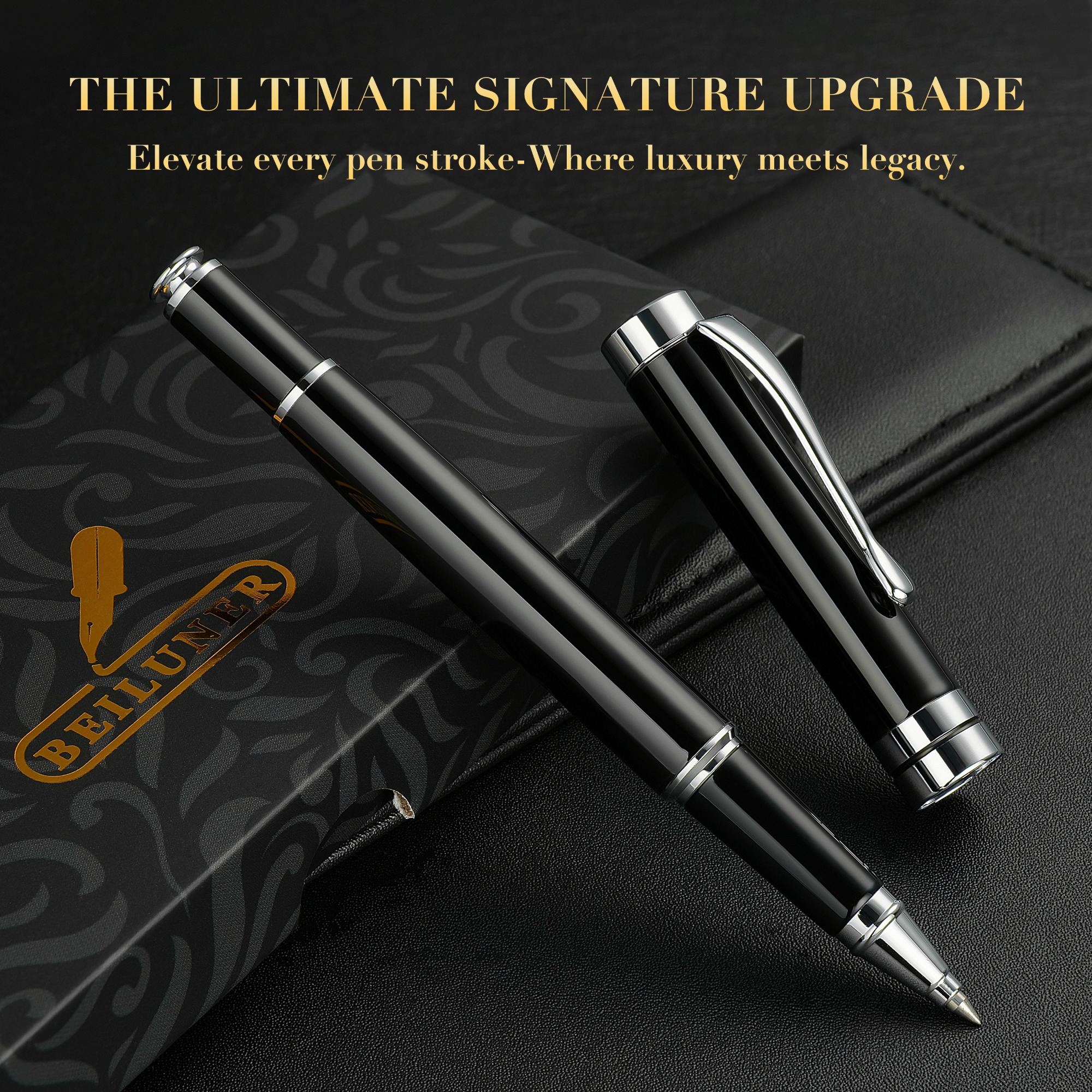 BEILUNER Ballpoint Pens, Stunning Black Chrome Ballpoint Pen with Silver Trim, Best Ball Pen Gift Set for Men & Women, Professional, Executive, Office, Fancy Pen-Gift Box With 0.5mm Extra Black Refill