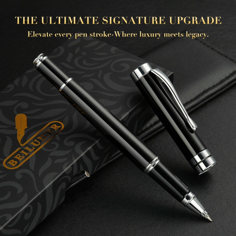 BEILUNER Ballpoint Pens, Stunning Black Chrome Ballpoint Pen with Silver Trim, Best Ball Pen Gift Set for Men & Women, Professional, Executive, Office, Fancy Pen-Gift Box With 0.5mm Extra Black Refill