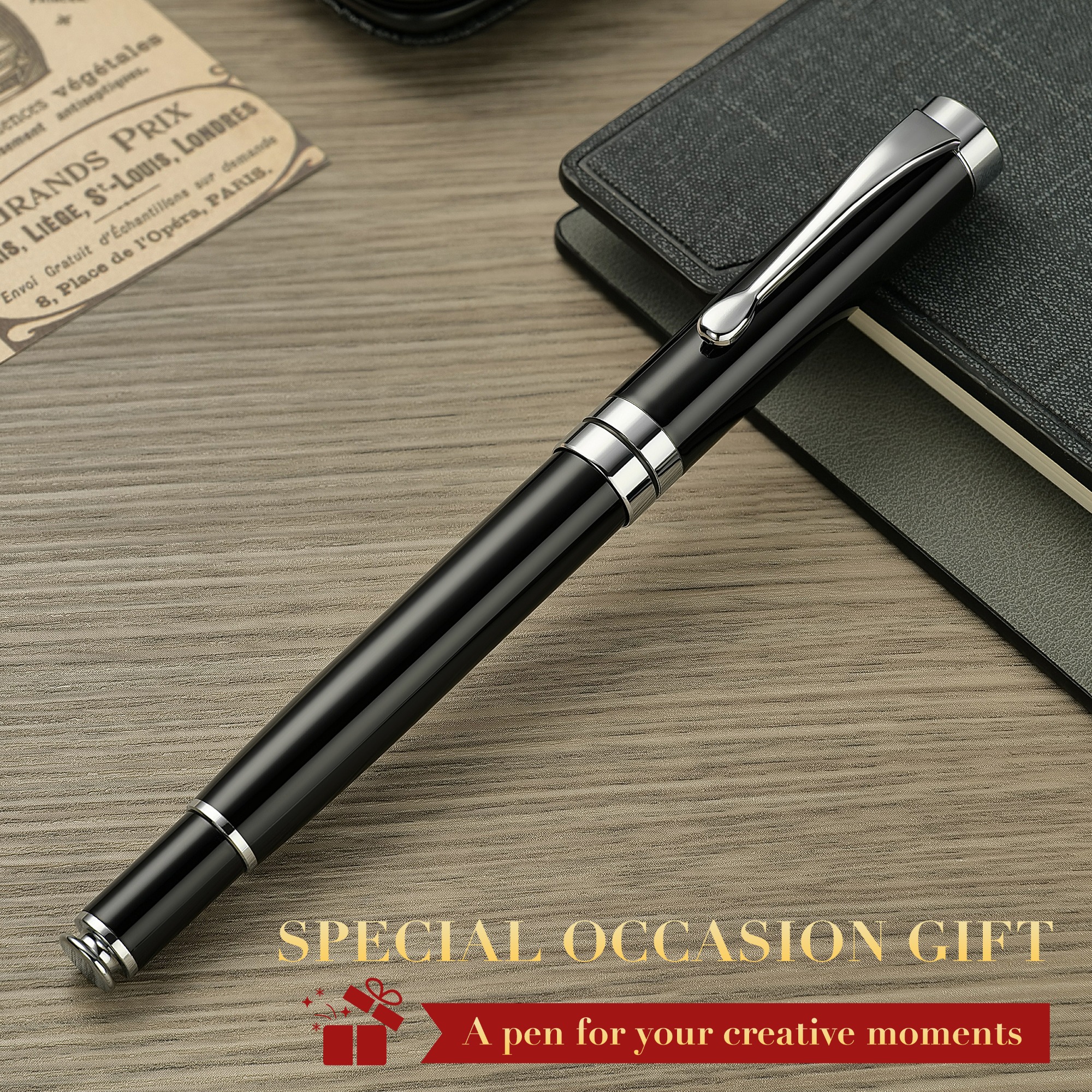 BEILUNER Ballpoint Pens, Stunning Black Chrome Ballpoint Pen with Silver Trim, Best Ball Pen Gift Set for Men & Women, Professional, Executive, Office, Fancy Pen-Gift Box With 0.5mm Extra Black Refill