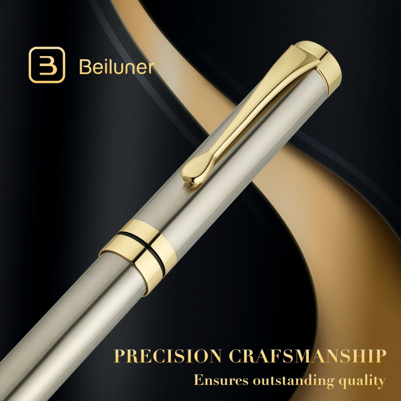 BEILUNER Ballpoint Pens, Stunning Silver Chrome Metal Pen with Golden Trim, Best Ball Pen Gift Set for Men & Women, Professional, Executive, Office, Nice Pens-Gift Box with 0.5mm Extra Black Refill