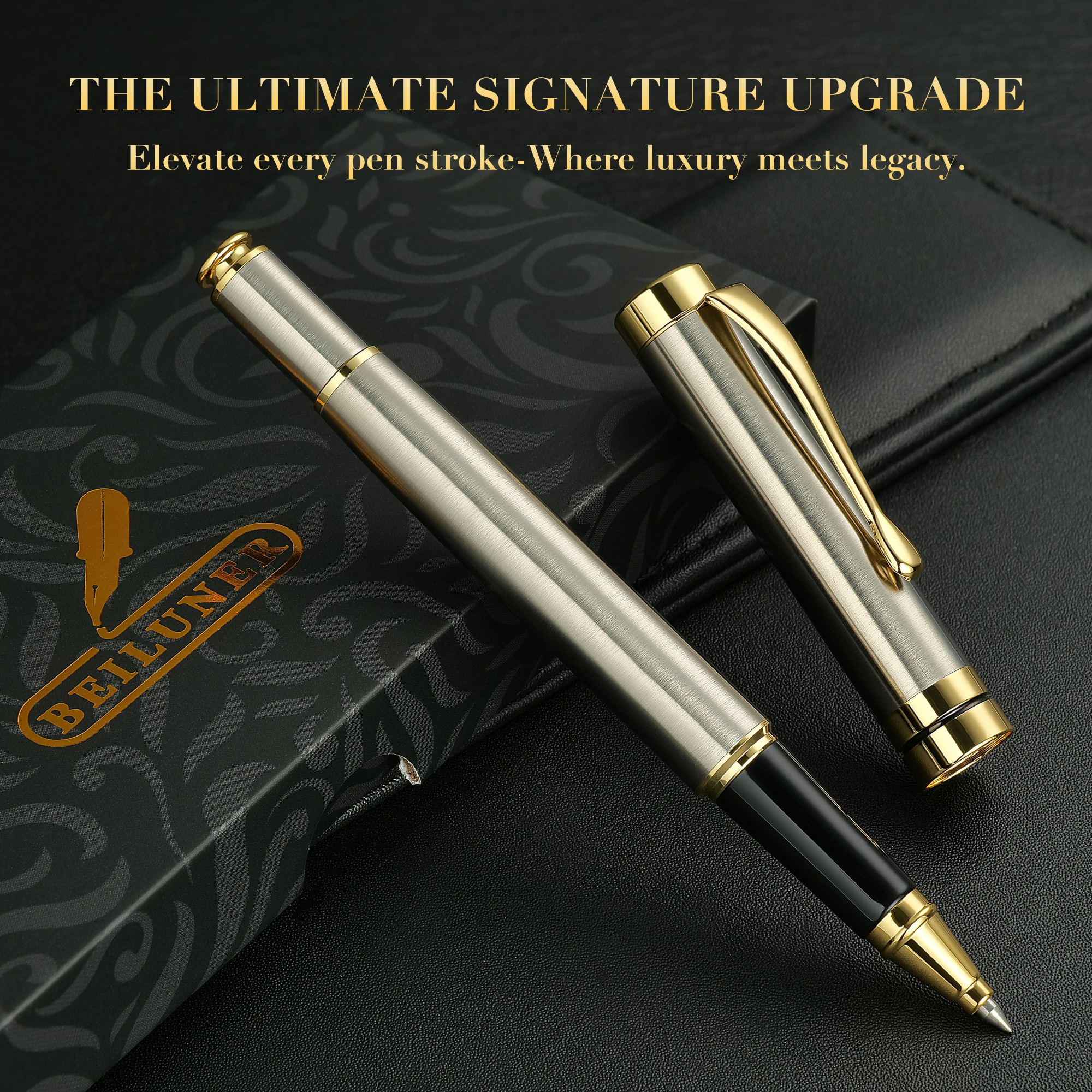 BEILUNER Ballpoint Pens, Stunning Silver Chrome Metal Pen with Golden Trim, Best Ball Pen Gift Set for Men & Women, Professional, Executive, Office, Nice Pens-Gift Box with 0.5mm Extra Black Refill