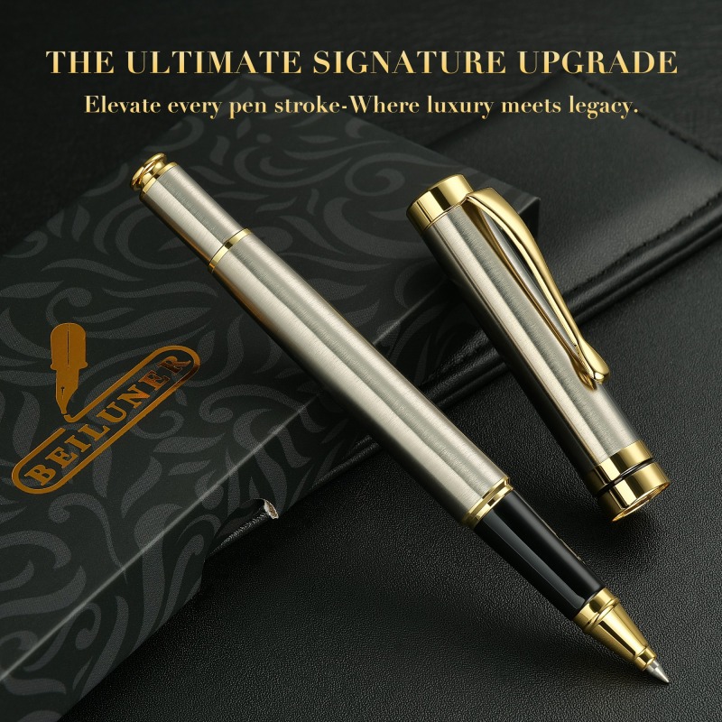 BEILUNER Ballpoint Pens, Stunning Silver Chrome Metal Pen with Golden Trim, Best Ball Pen Gift Set for Men & Women, Professional, Executive, Office, Nice Pens-Gift Box with 0.5mm Extra Black Refill