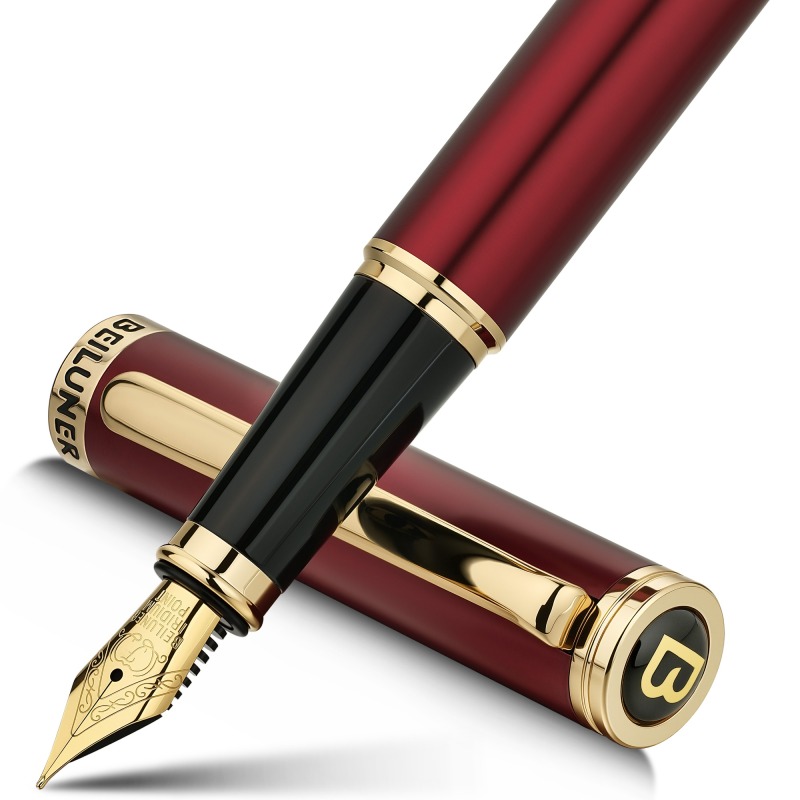 BEILUNER Red Fountain Pen,Stunning Luxury Pens with 24K Gold Finish, Gorgeous 24K Gilded Nib(Medium), Fancy Pen Gift for Men&Women -Ink Converter-Elegant,Professional,Office,Nice Pen for Writing