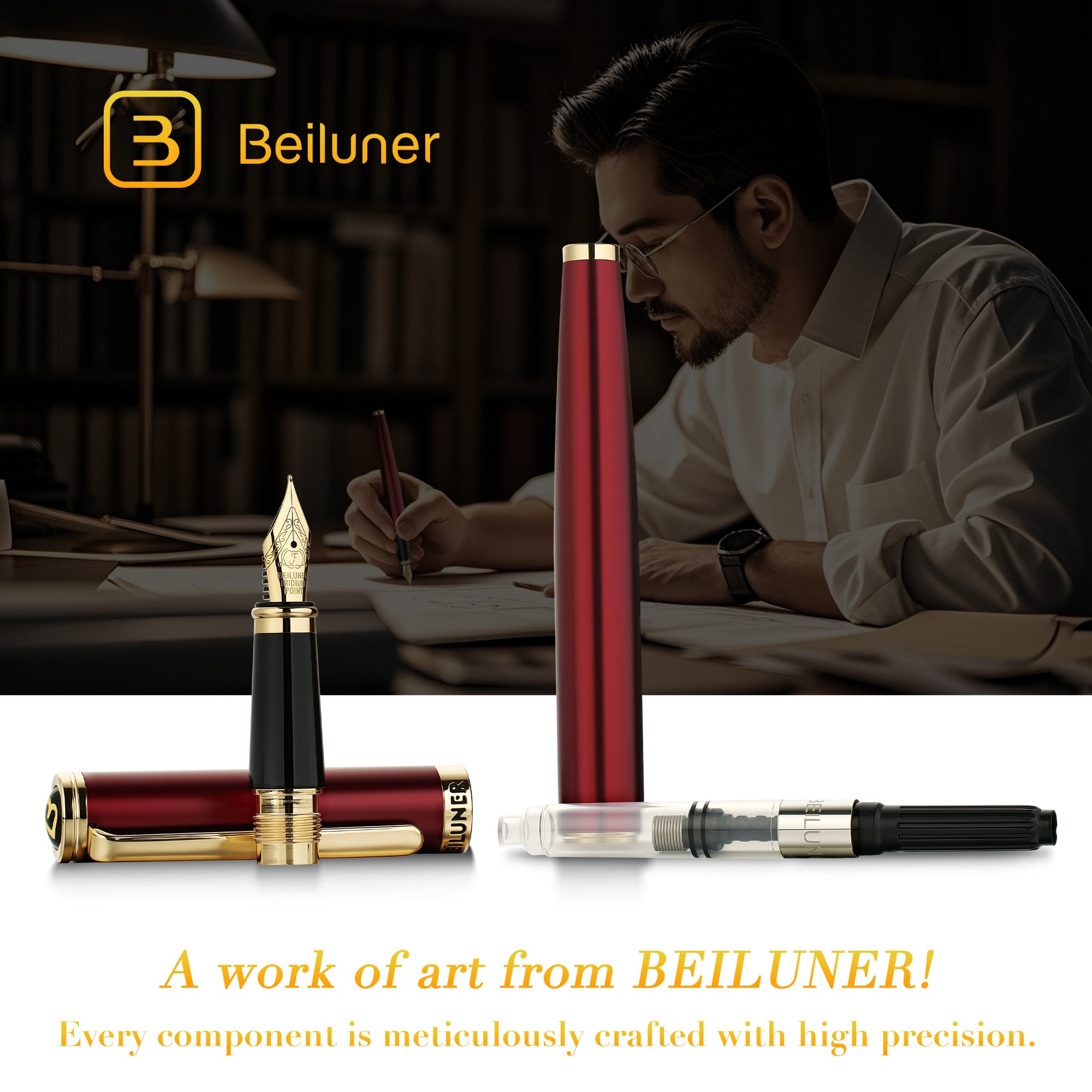 BEILUNER Red Fountain Pen,Stunning Luxury Pens with 24K Gold Finish, Gorgeous 24K Gilded Nib(Medium), Fancy Pen Gift for Men&Women -Ink Converter-Elegant,Professional,Office,Nice Pen for Writing