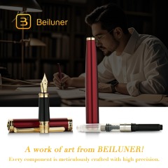 BEILUNER Red Fountain Pen,Stunning Luxury Pens with 24K Gold Finish, Gorgeous 24K Gilded Nib(Medium), Fancy Pen Gift for Men&Women -Ink Converter-Elegant,Professional,Office,Nice Pen for Writing