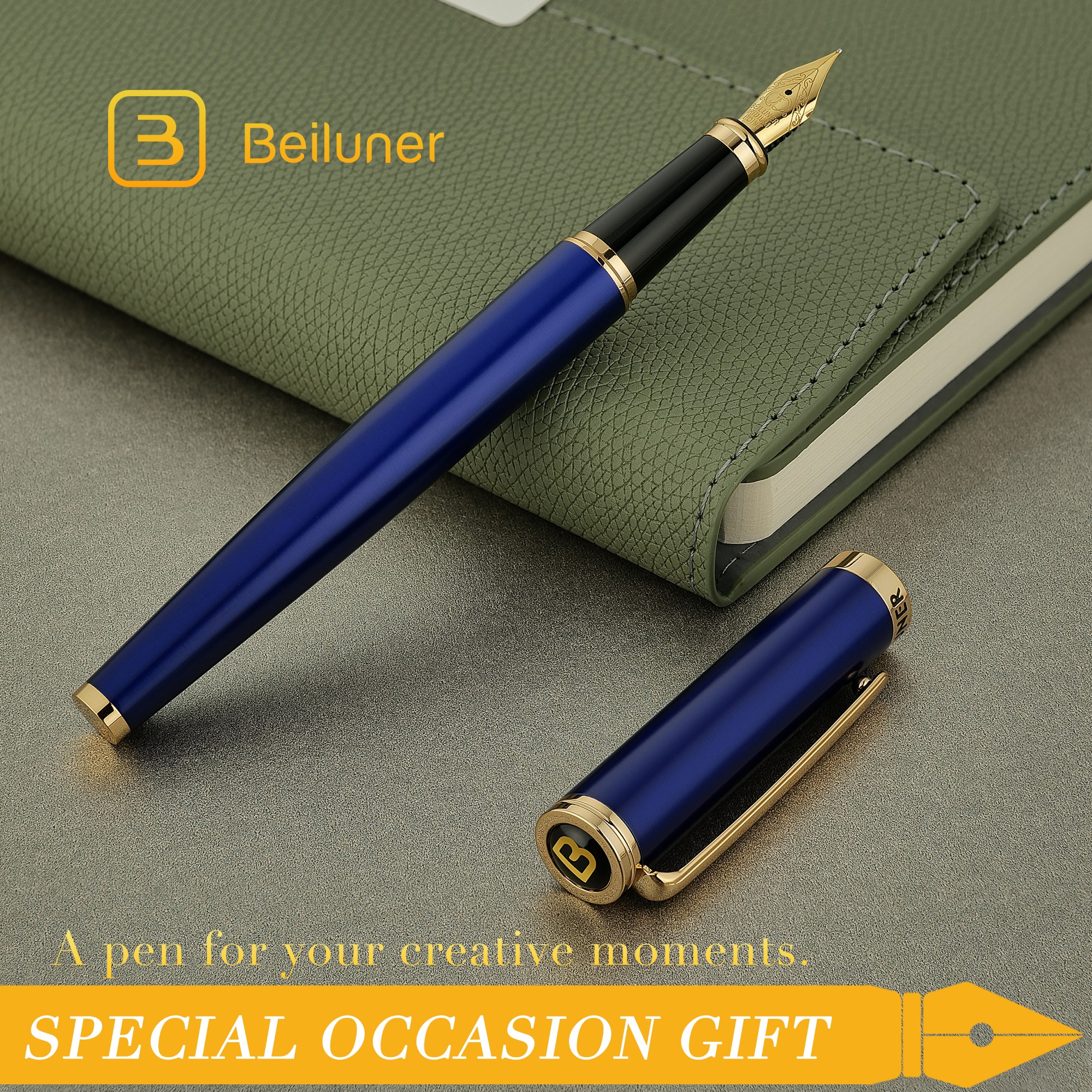 BEILUNER Blue Fountain Pen,Stunning Luxury Pens with 24K Gold Finish, Gorgeous 24K Gilded Nib(Fine), Trustworthy Pen Gift for Men&Women -Ink Converter-Elegant, Graduation,Nice Pen for Writing