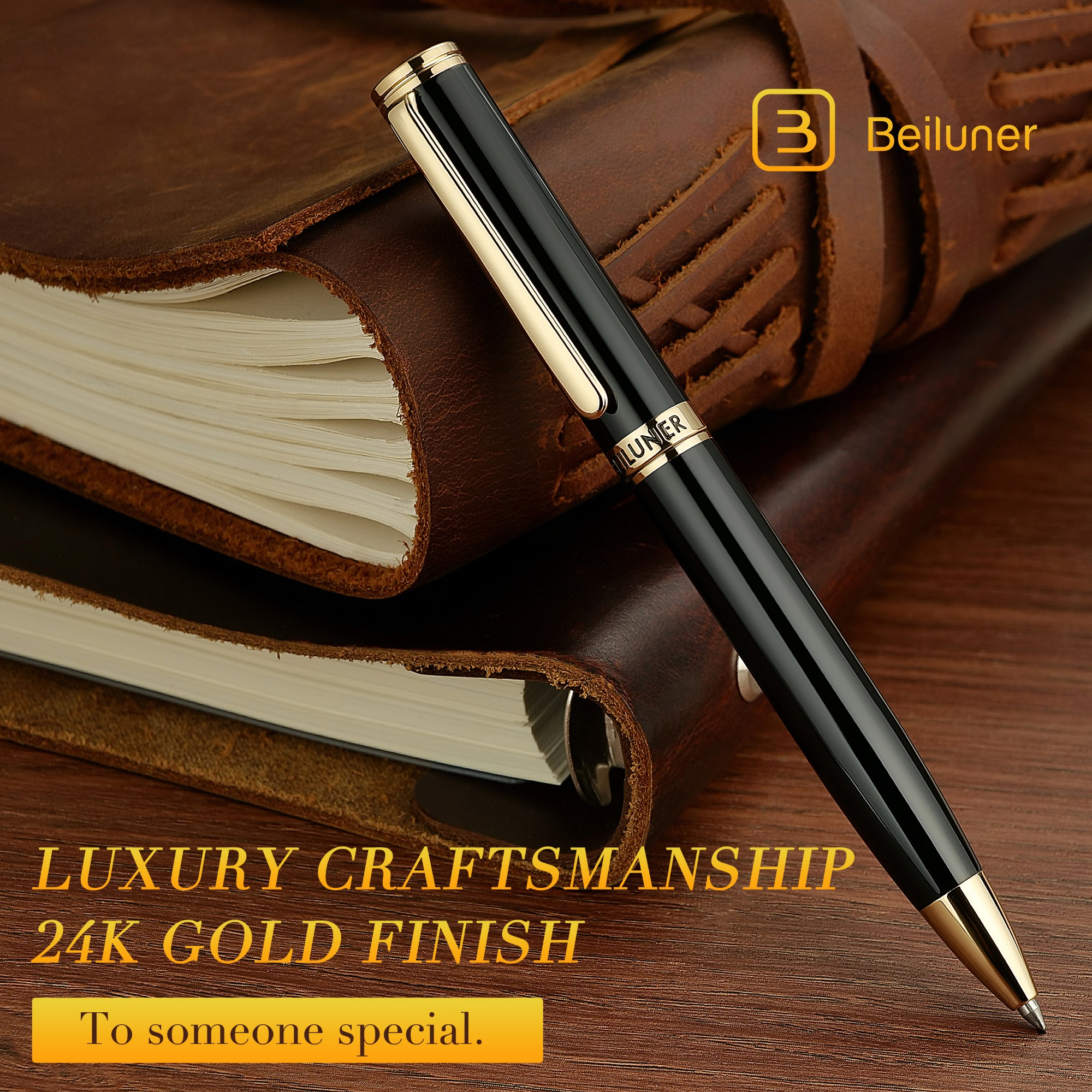 BEILUNER Luxury Gel Pen with 24K Gold Finish, Black Piano Lacquer, Luxury Grade Craftsmanship, Best Pen Gift Set for Men and Women, Professional, Executive, Office, Retractable Nice Pens