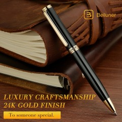 BEILUNER Luxury Gel Pen with 24K Gold Finish, Black Piano Lacquer, Luxury Grade Craftsmanship, Best Pen Gift Set for Men and Women, Professional, Executive, Office, Retractable Nice Pens
