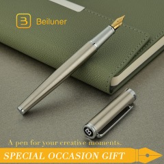 BEILUNER Luxury Fountain Pen Set, Solid 24K Gilded Fine Nib, Silver Stainless Steel Body- Includes 6 Ink Cartridges & Ink Refill Converter with Gift Case - Perfect for Men and Women