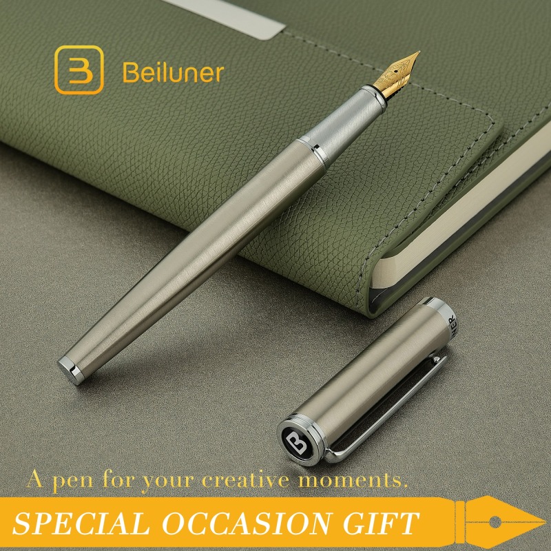 BEILUNER Luxury Fountain Pen Set, Solid 24K Gilded Fine Nib, Silver Stainless Steel Body- Includes 6 Ink Cartridges & Ink Refill Converter with Gift Case - Perfect for Men and Women