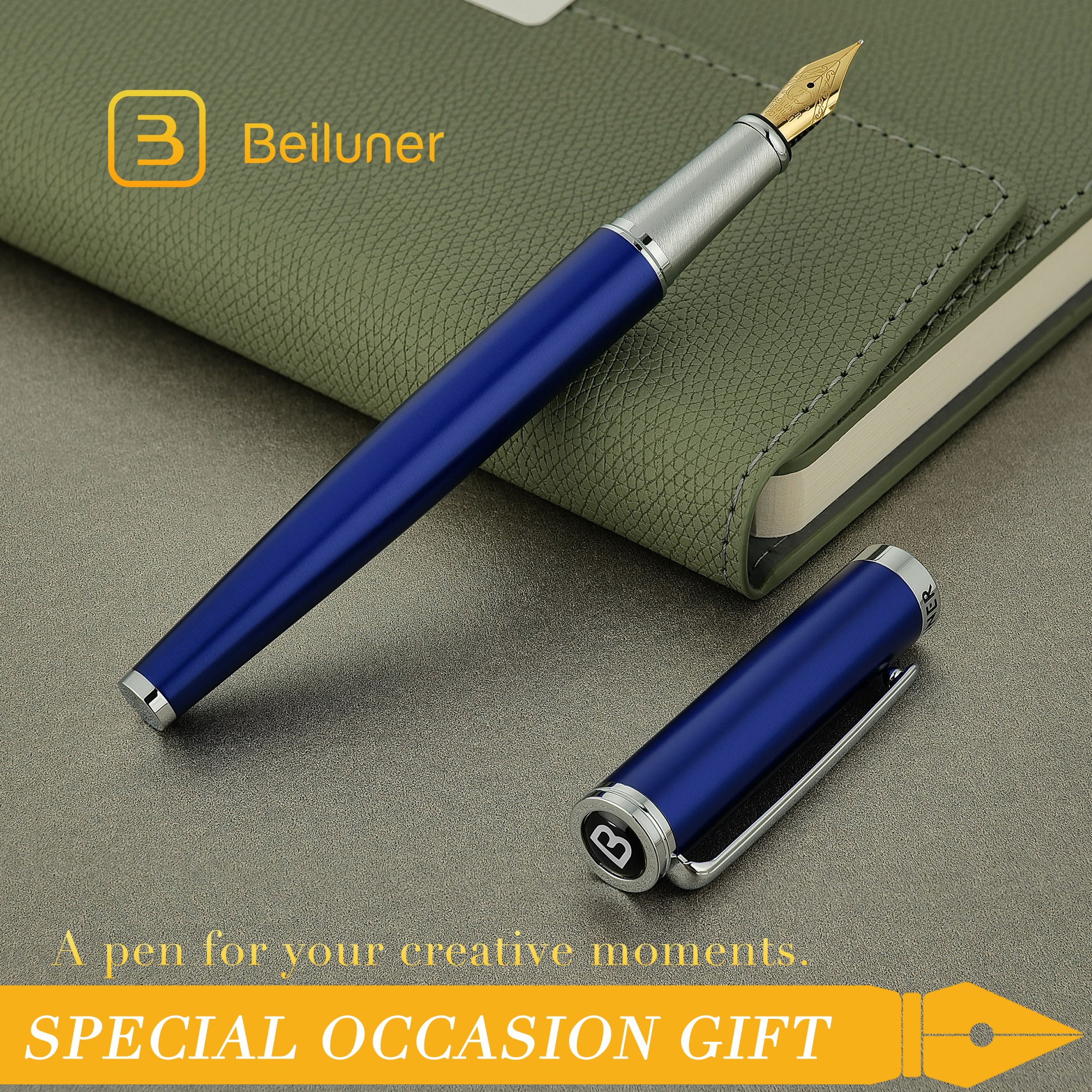 BEILUNER Luxury Fountain Pen Set,Solid 24K Gilded Fine Nib, Modern Classic Limited Edition -Includes 6 Ink Cartridges&Ink Refill Converter with Gift Case-Perfect for Men and Women（Charming blue）