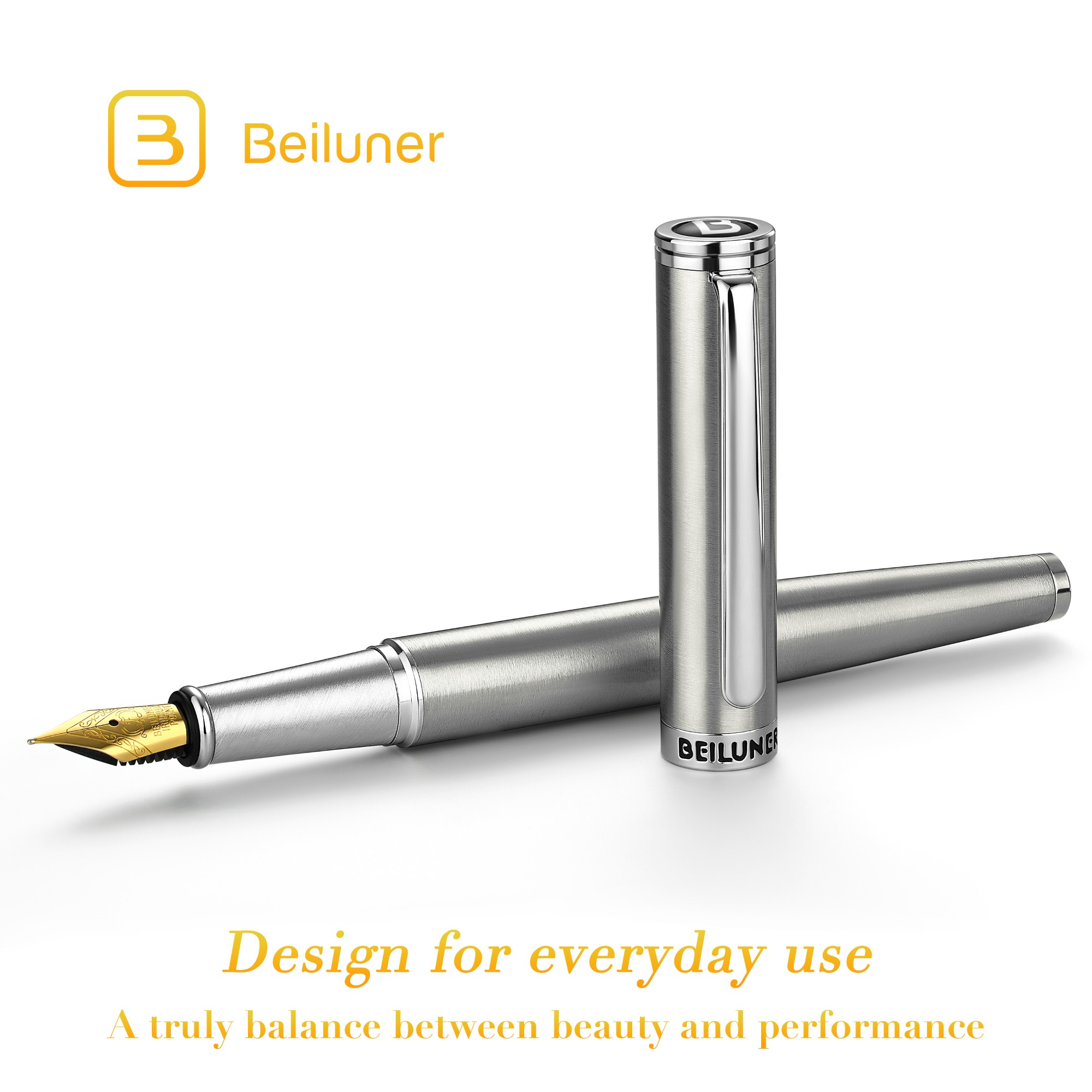 BEILUNER Luxury Fountain Pen Set, Solid 24K Gilded Fine Nib, Silver Stainless Steel Body- Includes 6 Ink Cartridges & Ink Refill Converter with Gift Case - Perfect for Men and Women