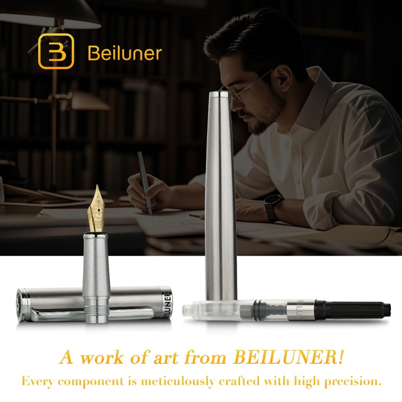 BEILUNER Luxury Fountain Pen Set, Solid 24K Gilded Fine Nib, Silver Stainless Steel Body- Includes 6 Ink Cartridges & Ink Refill Converter with Gift Case - Perfect for Men and Women