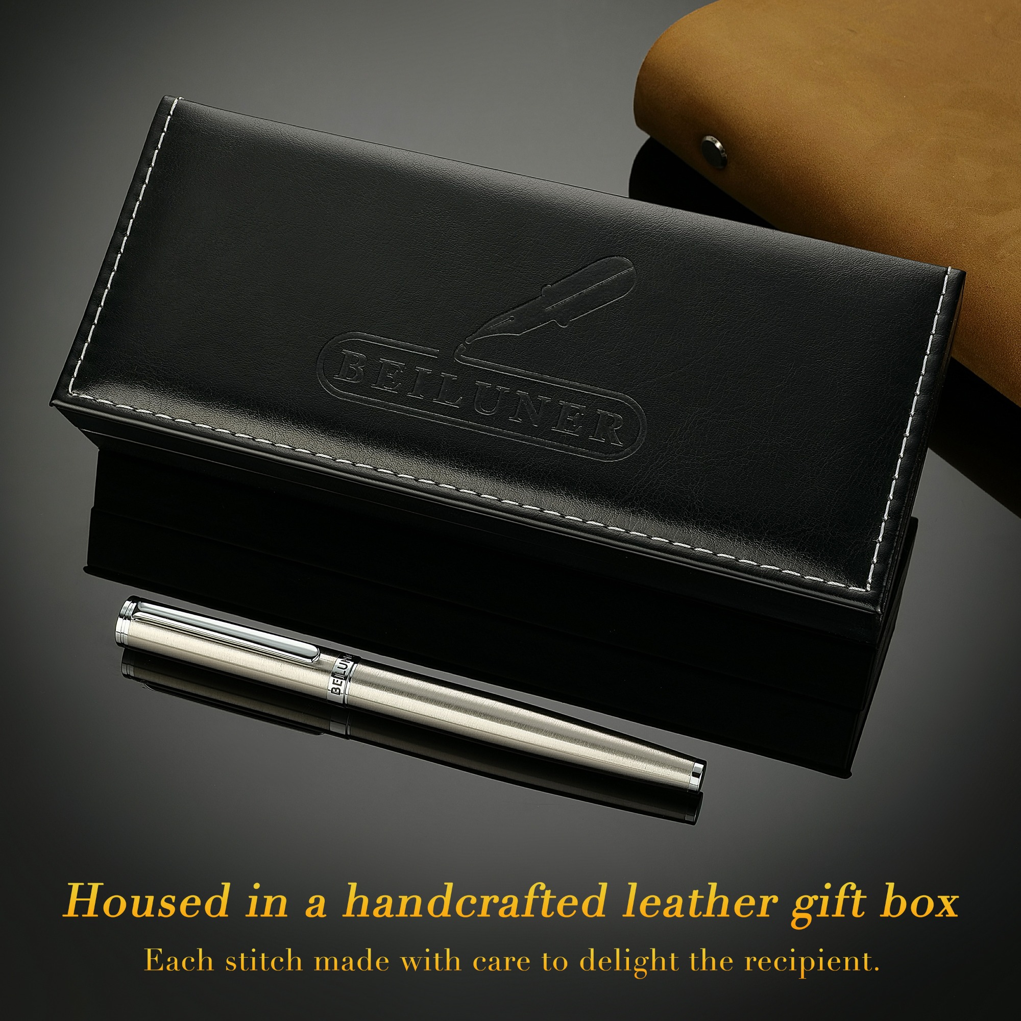 BEILUNER Luxury Fountain Pen Set, Solid 24K Gilded Fine Nib, Silver Stainless Steel Body- Includes 6 Ink Cartridges & Ink Refill Converter with Gift Case - Perfect for Men and Women