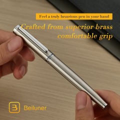 BEILUNER Luxury Fountain Pen Set, Solid 24K Gilded Fine Nib, Silver Stainless Steel Body- Includes 6 Ink Cartridges & Ink Refill Converter with Gift Case - Perfect for Men and Women