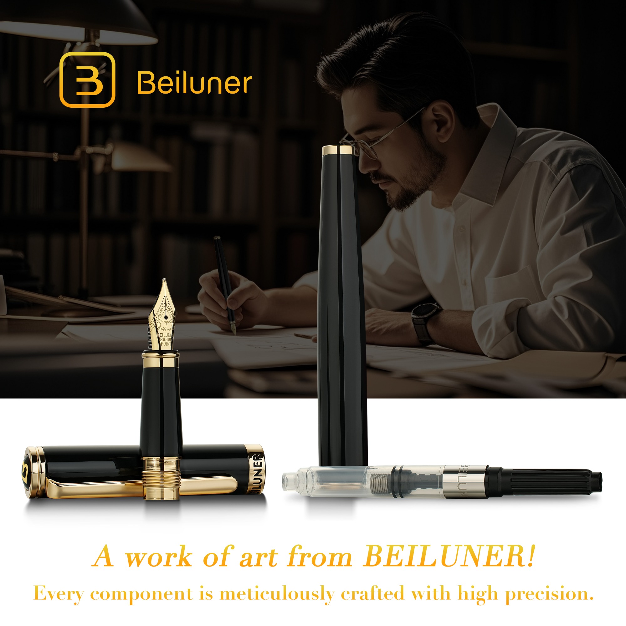 BEILUNER Black Fountain Pen,Stunning Luxury Pens with 24K Gold Accents, Gorgeous 24K Gilded Nib(Fine), Trustworthy Pen Gift for Men&Women -Ink Converter-Elegant, Reliable,Fancy Pen for Writing