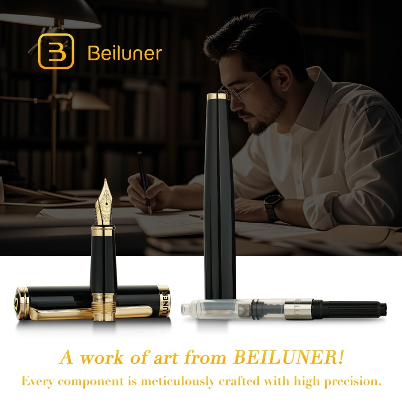 BEILUNER Black Fountain Pen,Stunning Luxury Pens with 24K Gold Accents, Gorgeous 24K Gilded Nib(Fine), Trustworthy Pen Gift for Men&Women -Ink Converter-Elegant, Reliable,Fancy Pen for Writing