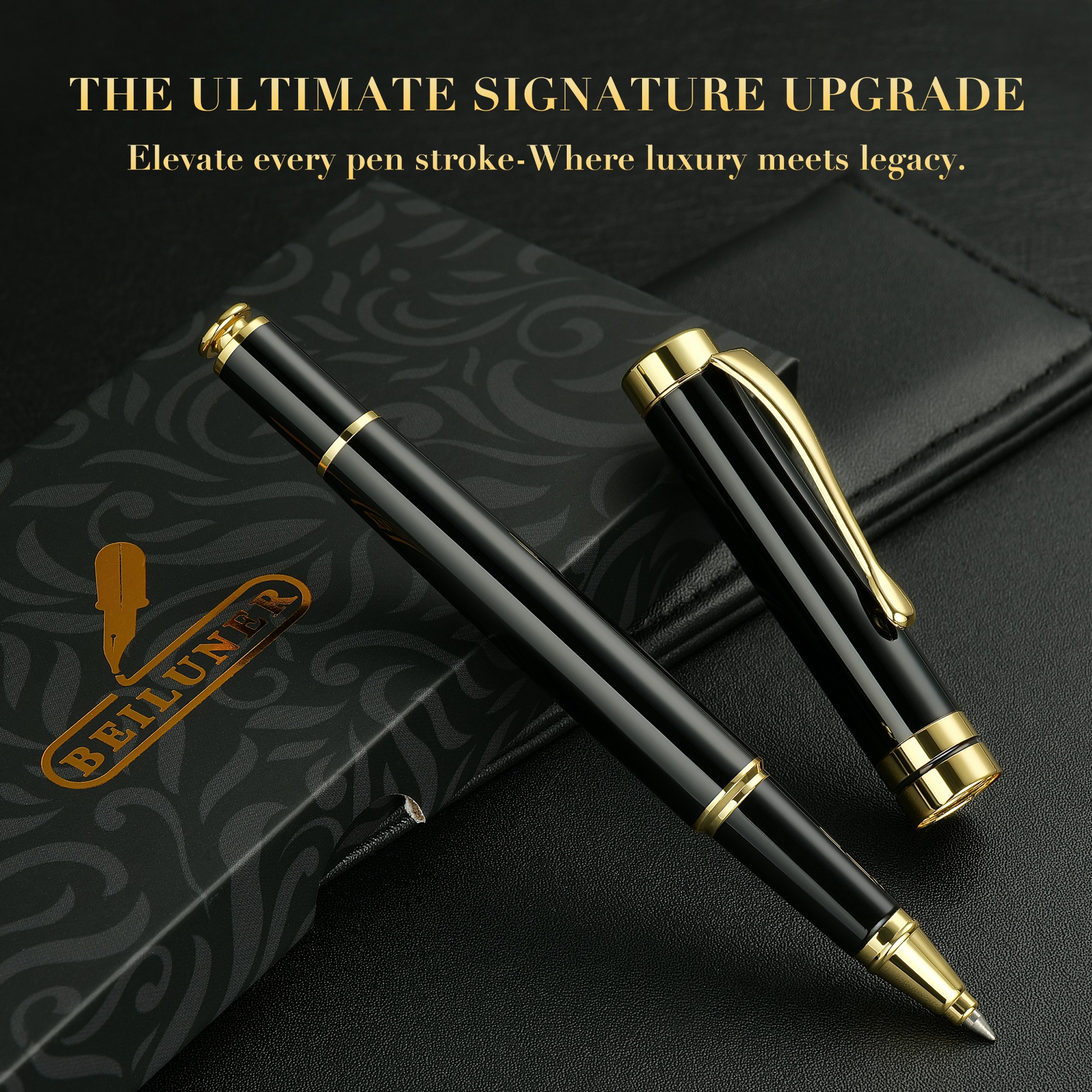 BEILUNER Ballpoint Pens, Stunning Black Chrome Metal Pen with Golden Trim, Best Ball Pen Gift Set for Men & Women, Professional, Executive, Office, Nice Pens-Gift Box with 0.5mm Black Extra Refill