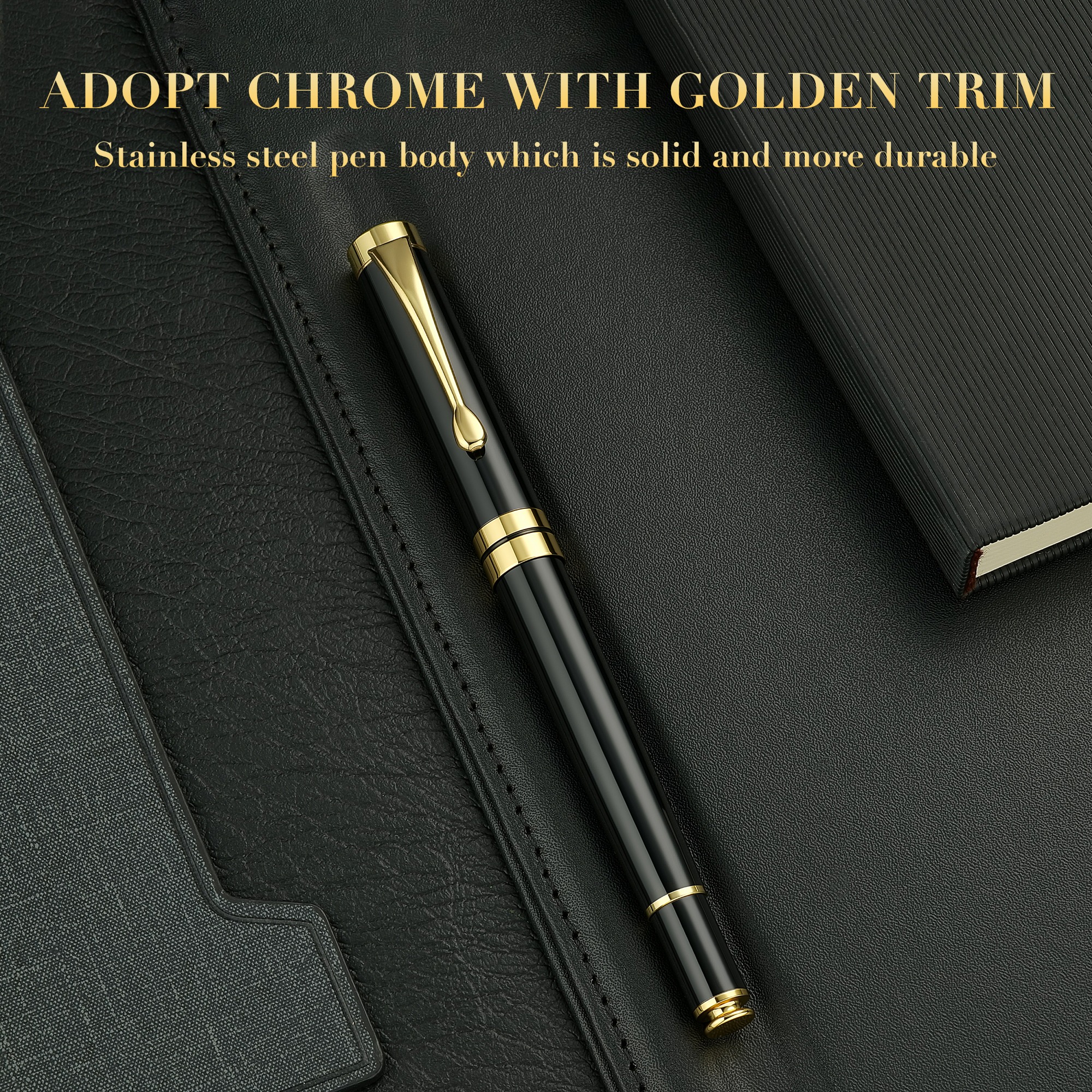 BEILUNER Ballpoint Pens, Stunning Black Chrome Metal Pen with Golden Trim, Best Ball Pen Gift Set for Men & Women, Professional, Executive, Office, Nice Pens-Gift Box with 0.5mm Black Extra Refill